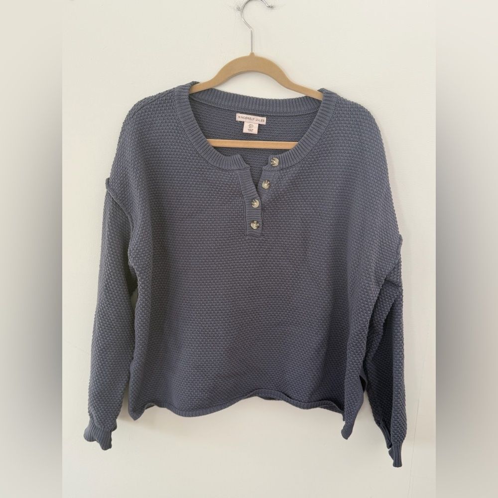Sincerely Jules Slate Blue Waffle Knit 3/4 button Sweater size large
